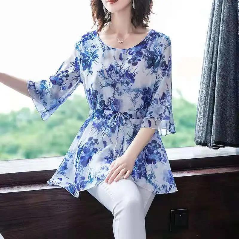 Women's Summer Half Sleeve Chiffon Shirt Printed Loose Large Size Top Mid Length