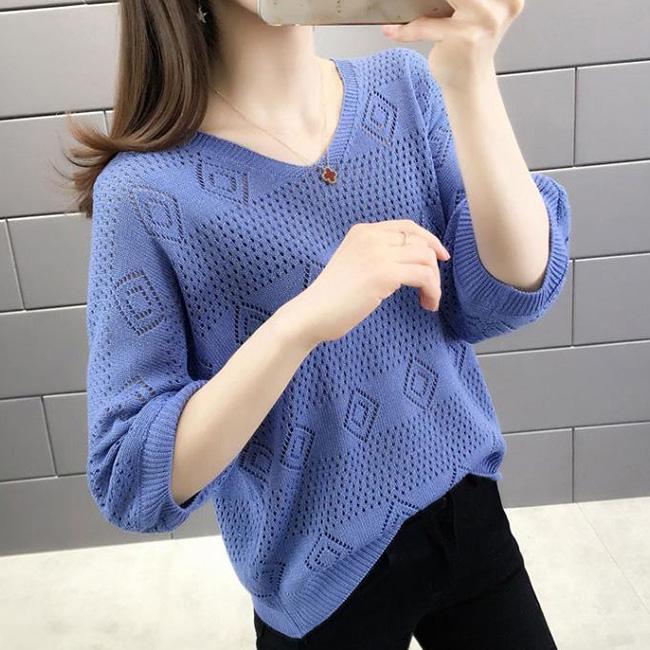 V-neck Hollow Knit Sweater Loose Breathable Long-sleeved Sweater Thin Bottoming Shirt