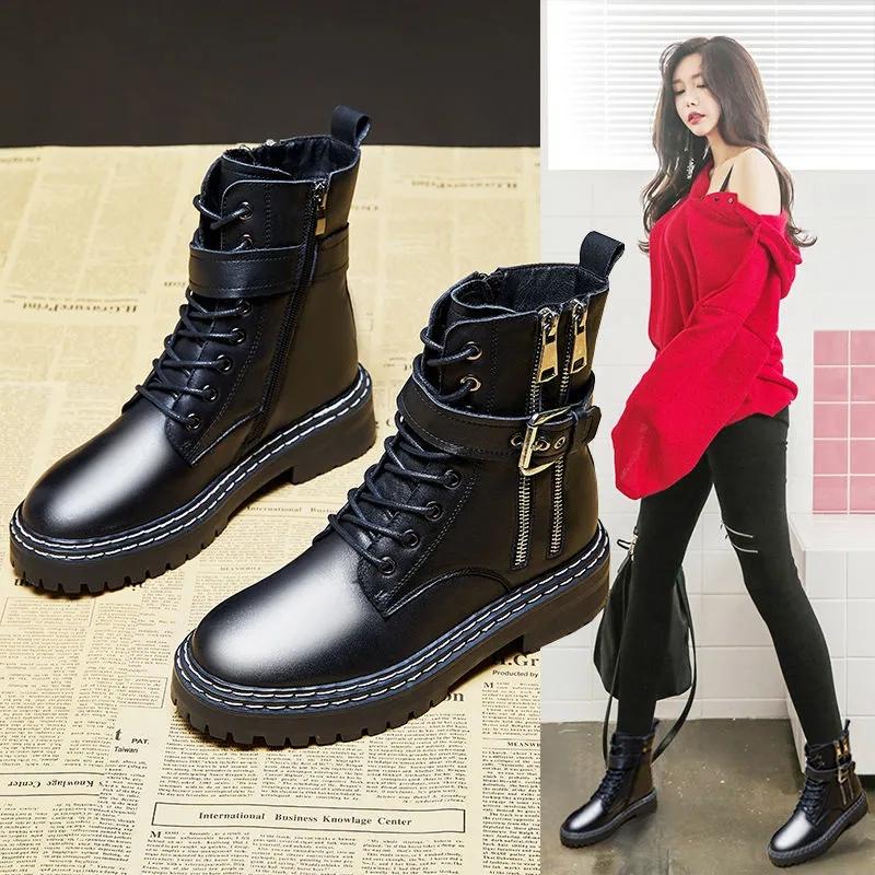 Woman Short Boots Autumn and Winter All-match Thick-soled British Style Martin Boots Single Boots Leather Boots