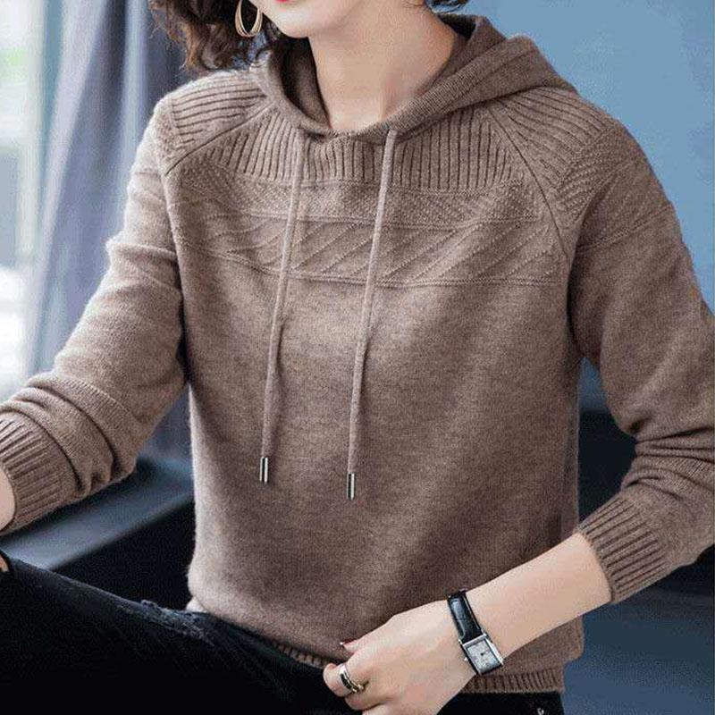 Autumn and Winter Loose Hooded Sweater Knitted Casual Solid Color Sweater Fashion Simple Female Sweater