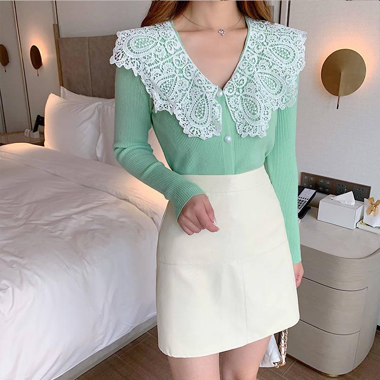 Pofulove Girly Lace V Neck Bottoming Knitwear Skin-friendly High Elastic Fit Women Pullover Sweater