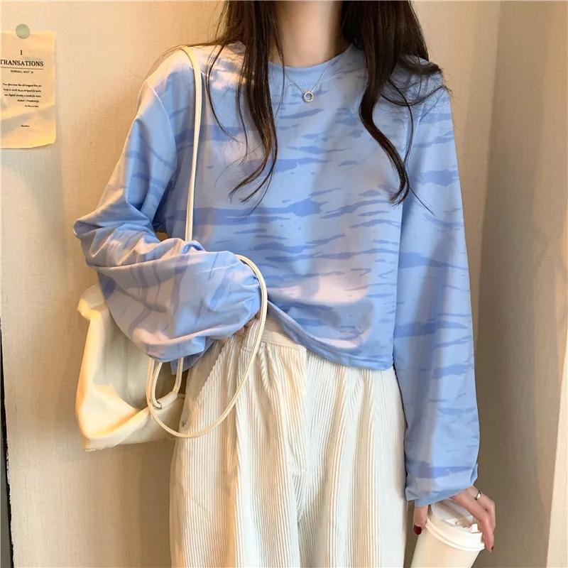 Purple Tie-dye Striped T-shirt Women's Spring and Autumn Gentle Loose Short Long-sleeved Top Summer Bottoming Shirt Casual Loose Top
