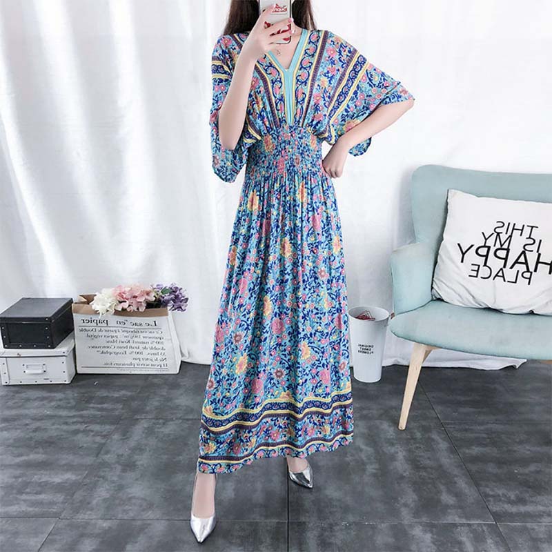 Ethnic Style Women's Print Mid-length Five-point Sleeve V-neck Loose Skirt Mom's Beach Holiday Skirt