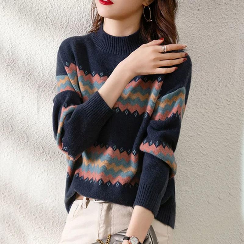 Sweater Women's Pullover Color Striped Knitwear Korean Loose Top Trending Sweater Autumn and Winter Fluffy Lazy Style