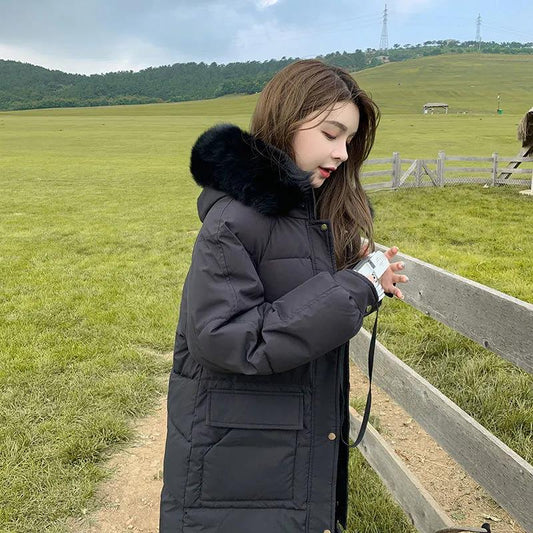 Down Cotton Jacket Women's Thickened Warm Large Wool Collar Large Pocket Long Loose Cotton Jacket