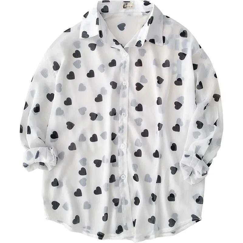 Loose Chiffon Sunscreen Shirt Small Long-sleeved Air Conditioning Cardigan Women Summer Clothing Thin Print Love Ladies Blouses