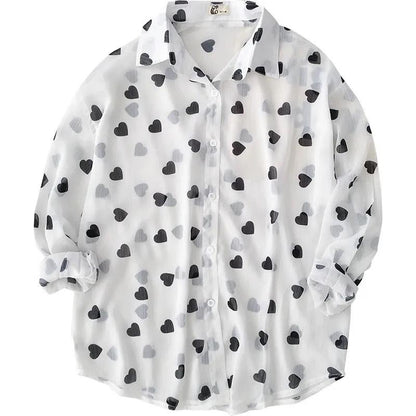 Loose Chiffon Sunscreen Shirt Small Long-sleeved Air Conditioning Cardigan Women Summer Clothing Thin Print Love Ladies Blouses