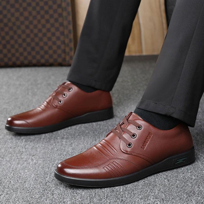 Men's Spring and Autumn Business Leather Shoes Real Cowhide Round Toe Breathable Dad Shoes Husband Casual Shoes Korean Men's Lace-up Shoes