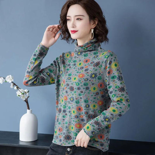Floral T-shirt Women's Long-sleeved Spring and Autumn Inner Top Solid Color Loose Half Turtleneck Bottoming Shirt Women