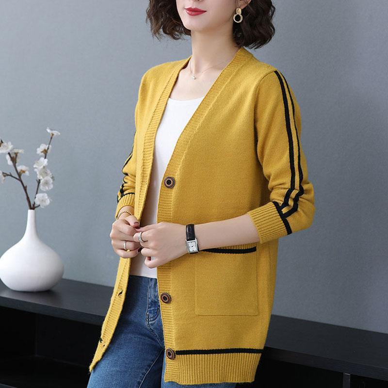Spring and Autumn All-match Jacket Striped Pattern Mid-length Sweater Fashion Simple Style Female Top