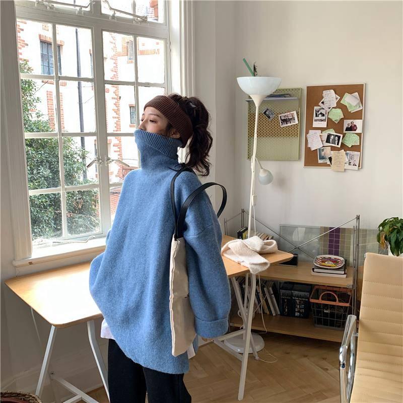 Winter Thick Solid Color Turtleneck Sweater Women Loose Pullover Wild Split Knit Jacket