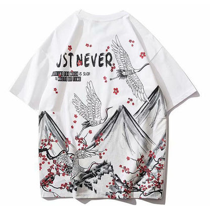 Couples T-shirts Hip Hop Trendy Chinese Style Mountain Bird Print Tees Summer Ladies O-neck Short Sleeve Casual Shirts Men Clothing