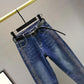 Women's Large Size Haren Pants Solid Color High Waist Long Jeans Loose Streetwear Elastic Denim Trouser with Waist Belt