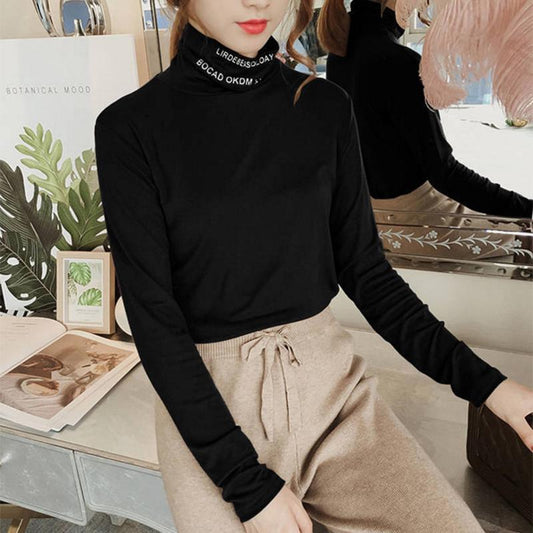 Pofulove Women's Turtleneck Thick Sweater Winter Plus Velvet Turtleneck Long-sleeved Wild Shirt