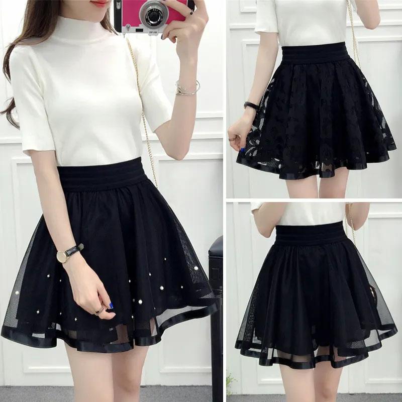 Flower Embroidered Lace Short Skirt Women's Elastic Waist All Match Puff Skirt Summer Mesh A-line Skirt High Waist Skirt