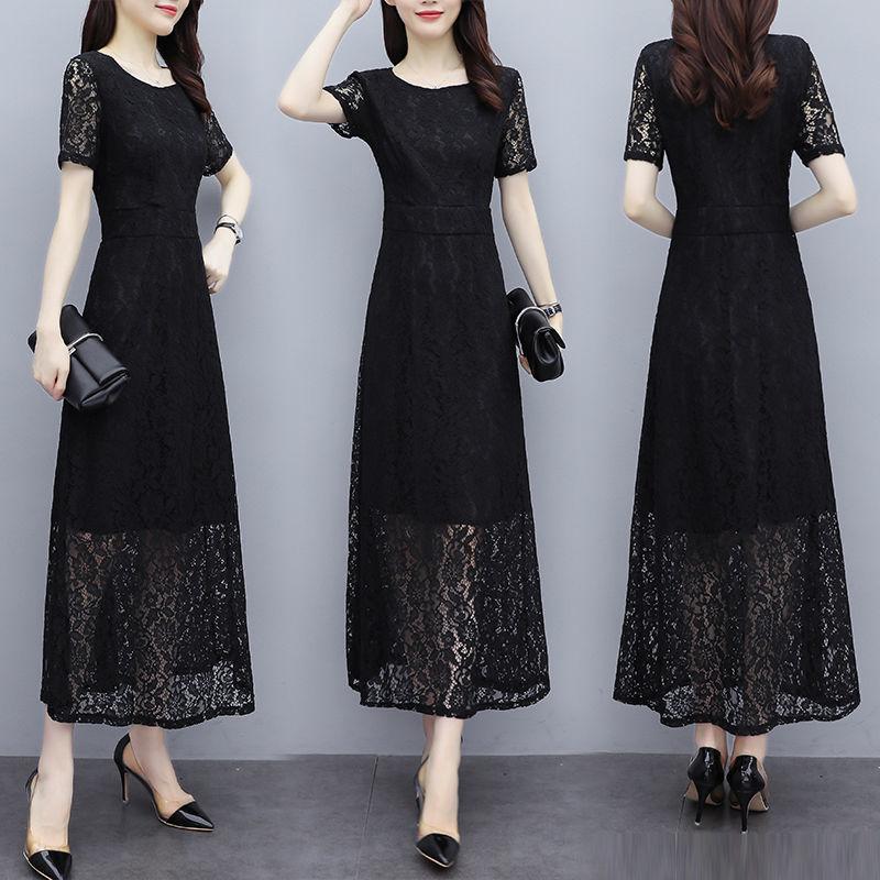 Korean Version Black High-end Lace Dress Female Spring Summer Short Sleeve Round Neck Long Dress