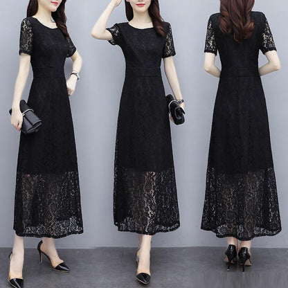 Korean Version Black High-end Lace Dress Female Spring Summer Short Sleeve Round Neck Long Dress