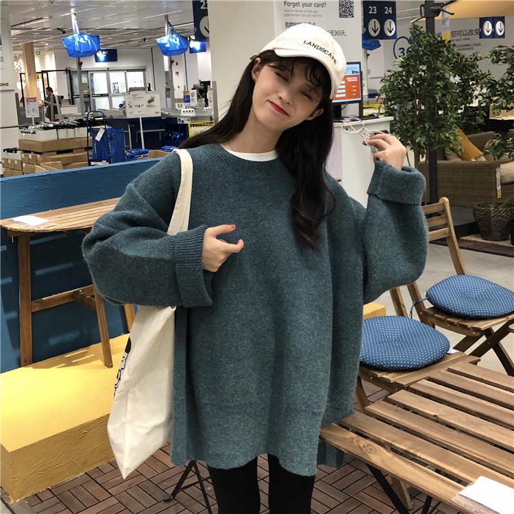8 Colors Women Warm Oversize O-Neck Loose Sweater Blouse Simple Color Girly Sweaters