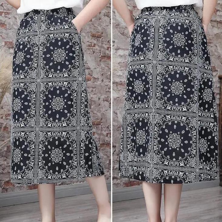 Women Summer Large Size Printed Lantern Skirt In Spring and Summer Loose High Waist A-line Vintage Elastic Casual Long Skirt