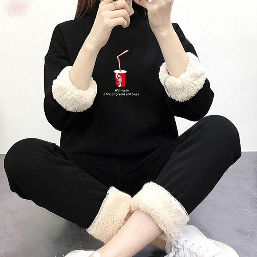 2pcs/set Women Fleece Liner Sweatshirt Tracksuit  Winter Casual Loose Jumper Plus Size  Outfits  Outwear