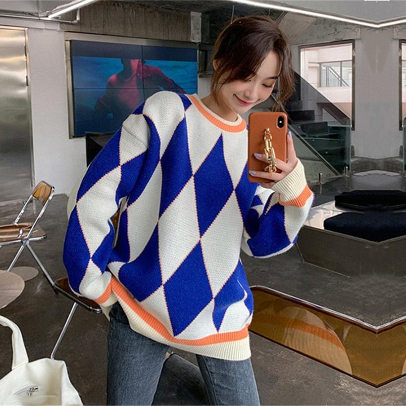 Women Retro Loose Sweater Color Block Diamond Check Pullover Sweater Round Neck Knit Jumpers Top Outwear