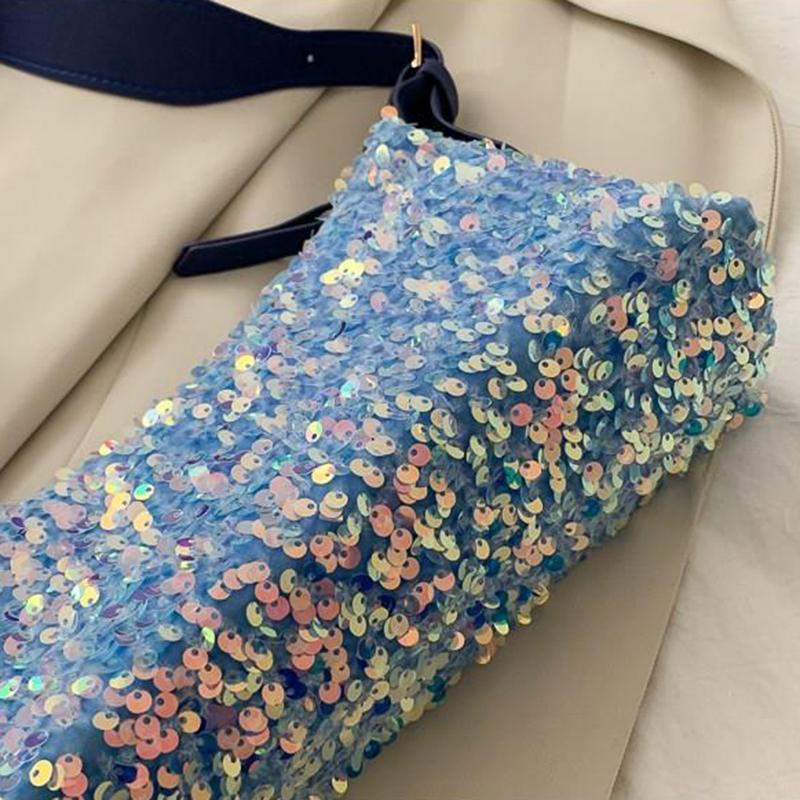 Shiny Sequins PU LeatherElegant Baguette Bag Armpit Bag for Women Shoulder Handbags Lady Simple