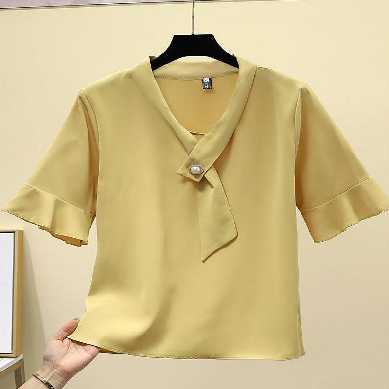 Summer Ladies Top Sleeve Shirt Chiffon Short Sleeve blouse V-neck Solid Color Breathable blouse