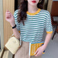 Ice Silk Short-sleeved Knitted Sweater Women's Thin Striped T-shirt Bottoming Summer Half-sleeved Short Top