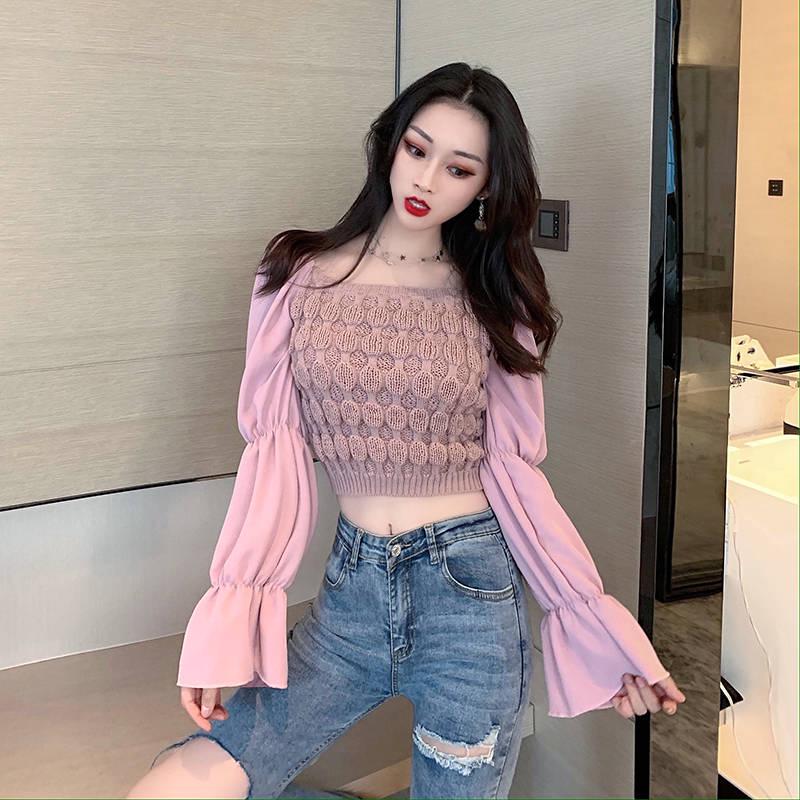 Pofulove Sexy Strapless Pullover Long-Sleeve Short Sweater Women Open Navel Slim Waist Knitwear