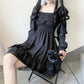 Gothic Women Black Party Dress Cross Square Collar Lolita Princess Irregular Dress Cute Lace Ruffles Chic Dress