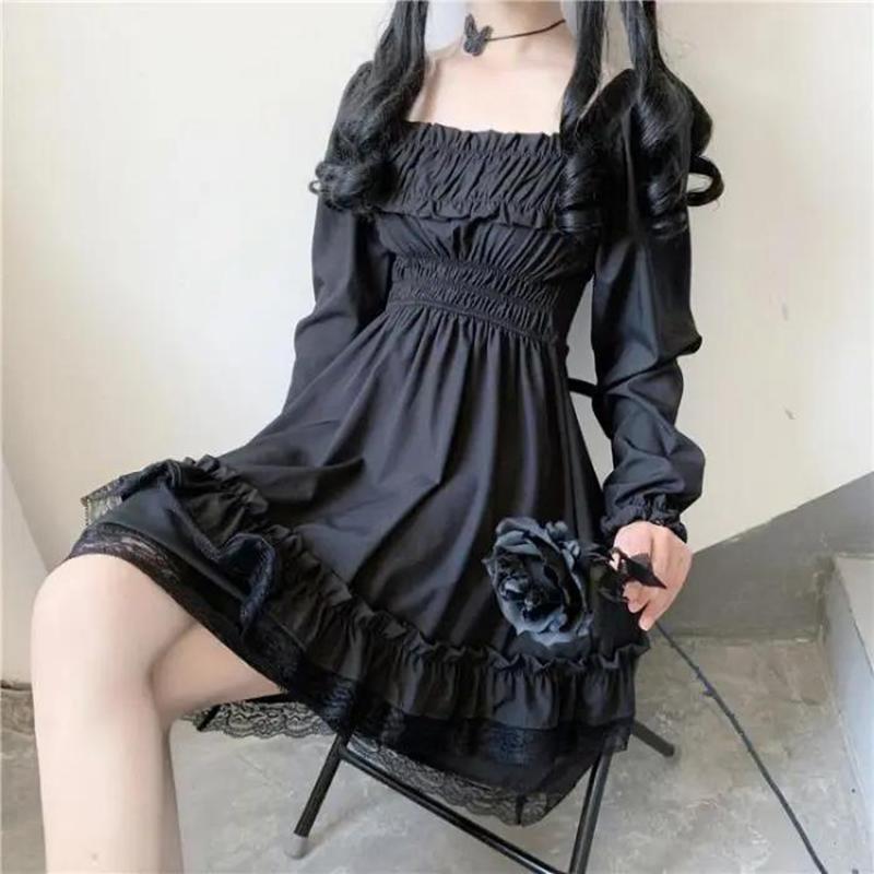 Gothic Women Black Party Dress Cross Square Collar Lolita Princess Irregular Dress Cute Lace Ruffles Chic Dress