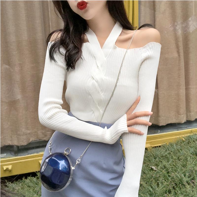 Pofulove Winter Off Shoulder Sweater Pullover V-neck Long Sleeve Knitted Streetwear  Top
