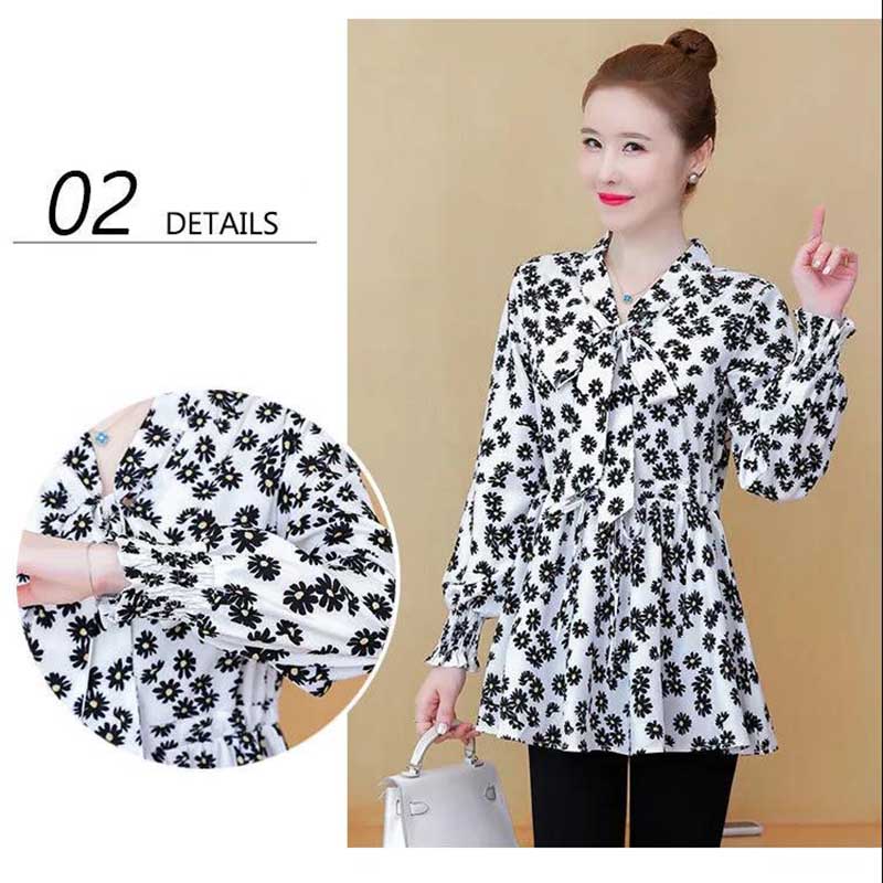 Large Size Chiffon Shirt Women's Spring and Autumn Waist Mid-length Small Daisy Long-sleeved Shirt Top