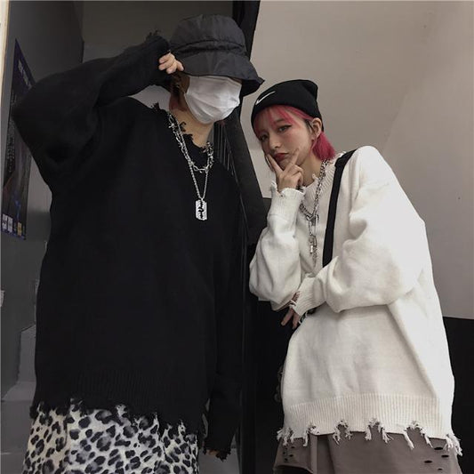 Harajuku Style Loose Couple Pullover Sweater Men and Women Ripped Tassel Knitted Sweater Outer Wear Unisex