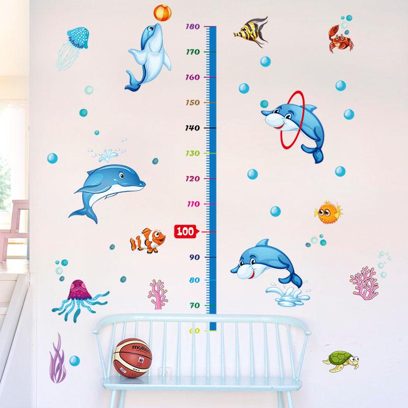 Cartoon Dolphin Height Wall Stickers for Kids Rooms Nursery Wall Decoration Decals