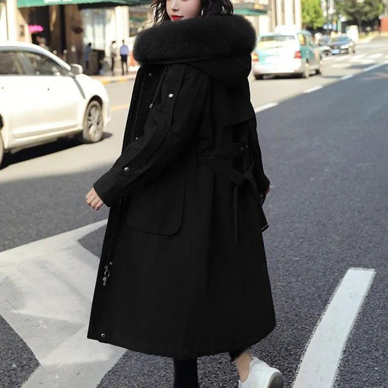 Winter Women's Parka Coat with Hood and Large Fur Collar Coat Plus Velvet Padded Padded Mid-length Over-the-knee Parka Coat