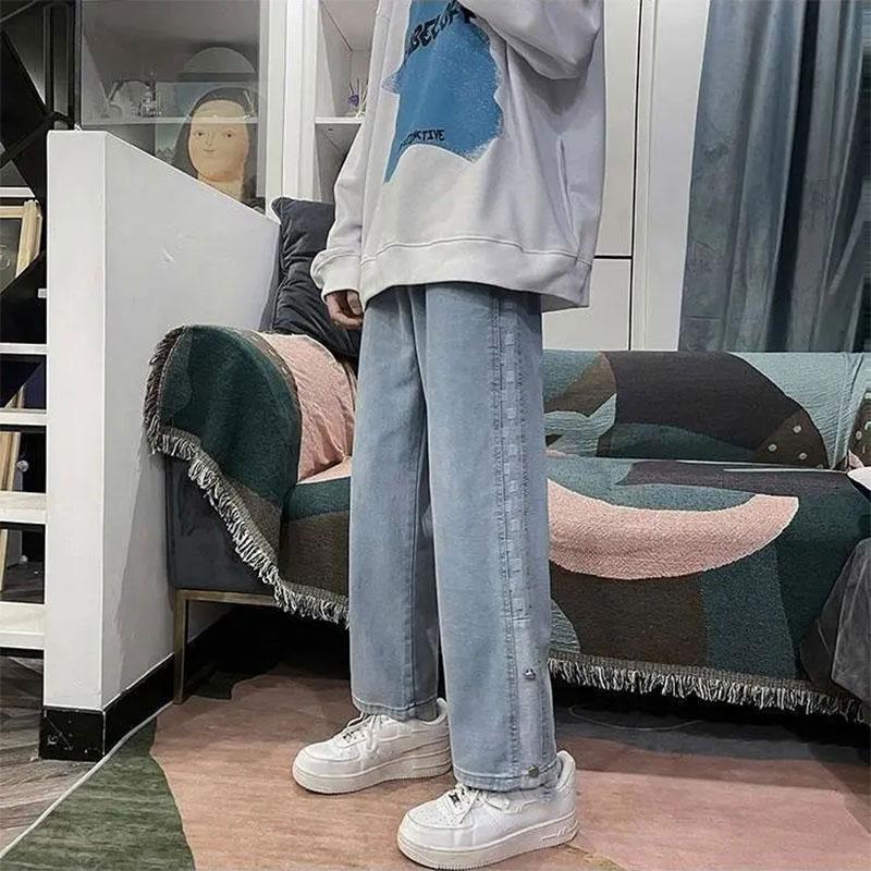 Men's Loose Straight Wide-leg Pants Autumn Ins Plaid Stitching Jeans Pendant Long Pants