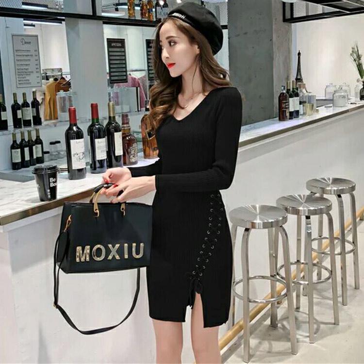 Pofulove Hip Sweater Dress Winter Women's Slim Fit Hedging Mid-length Bottoming Knitted Sweater