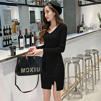 Pofulove Hip Sweater Dress Winter Women's Slim Fit Hedging Mid-length Bottoming Knitted Sweater
