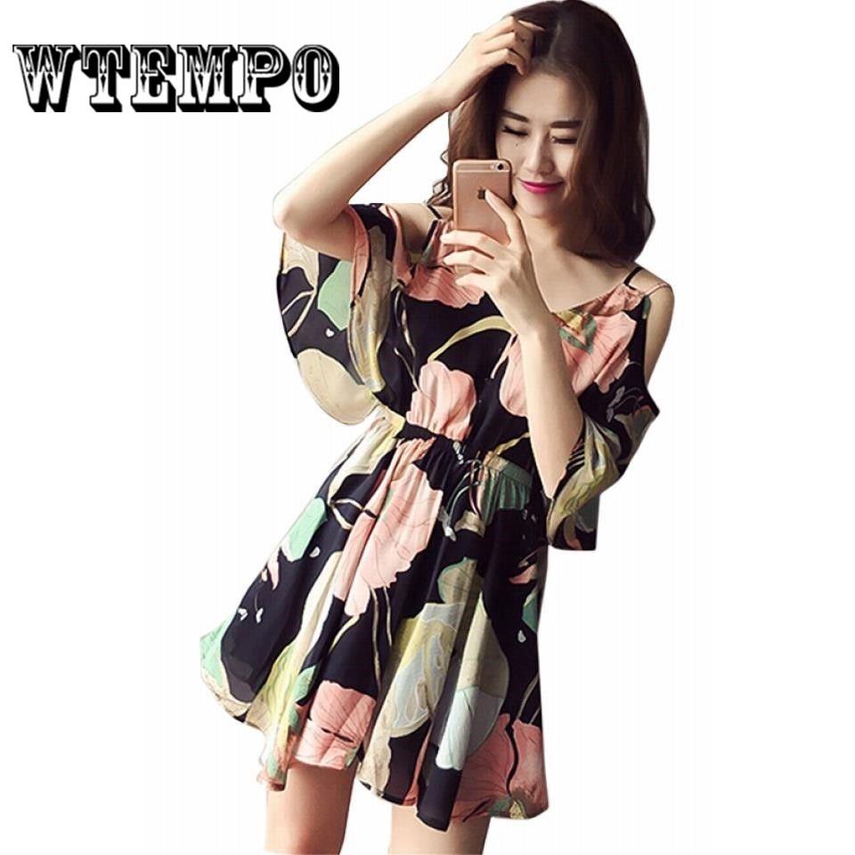 Chiffon Floral Dress Female Strapless A Word Skirt Strap Word Shoulder Beach Skirt