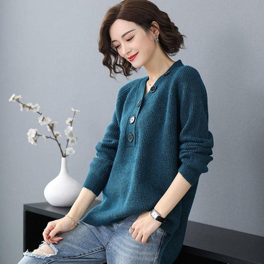 Spring and Autumn V-neck Loose Top Solid Color Plus Size Sweater Simple Casual Women Bottoming Shirt