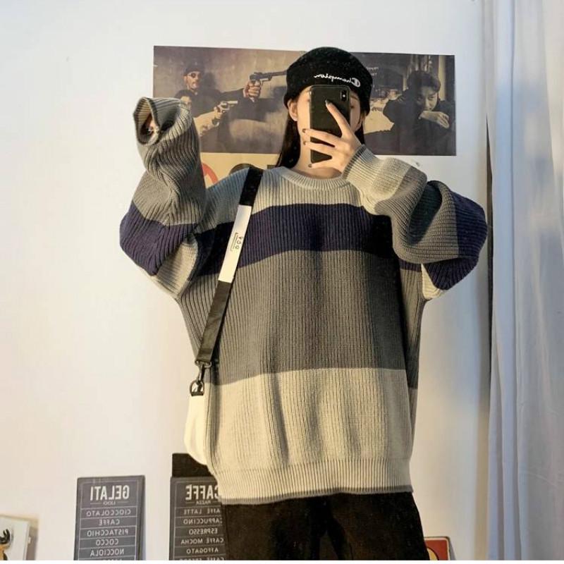 Pofulove Round Neck Color Matching Sweater Schoolgirl Loose Loose Lazy Wild Sweater Winter Coat
