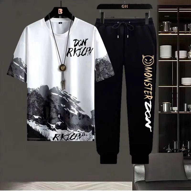Summer T-shirt Men's New Trendy Ice Silk Trousers Suit Korean Version Large Size Casual Men's Ins Trend Wild and Handsome