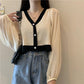 Autumn  Contrast Color Sweater Stitching Chiffon V-neck Thin Student Lantern Sleeve Women