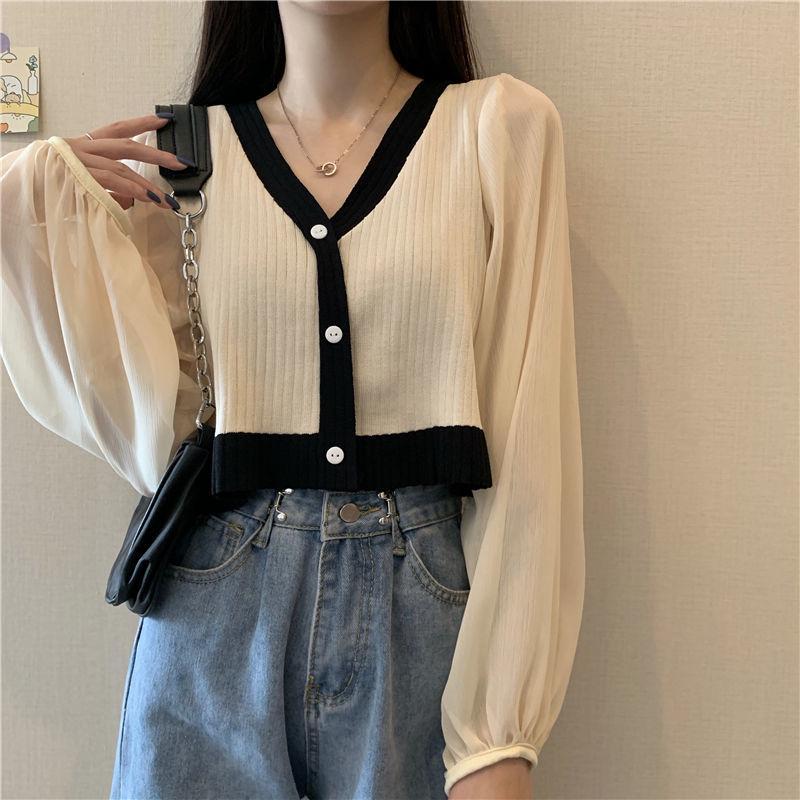 Autumn  Contrast Color Sweater Stitching Chiffon V-neck Thin Student Lantern Sleeve Women