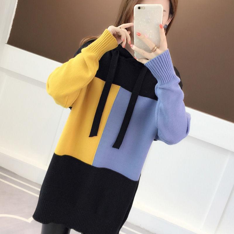 Outer Wear and Inner Wear Hooded Sweater Autumn and Winter Plus Velvet Thickening Student Fashion Trend Loose Knit Color Matching Pullover Women