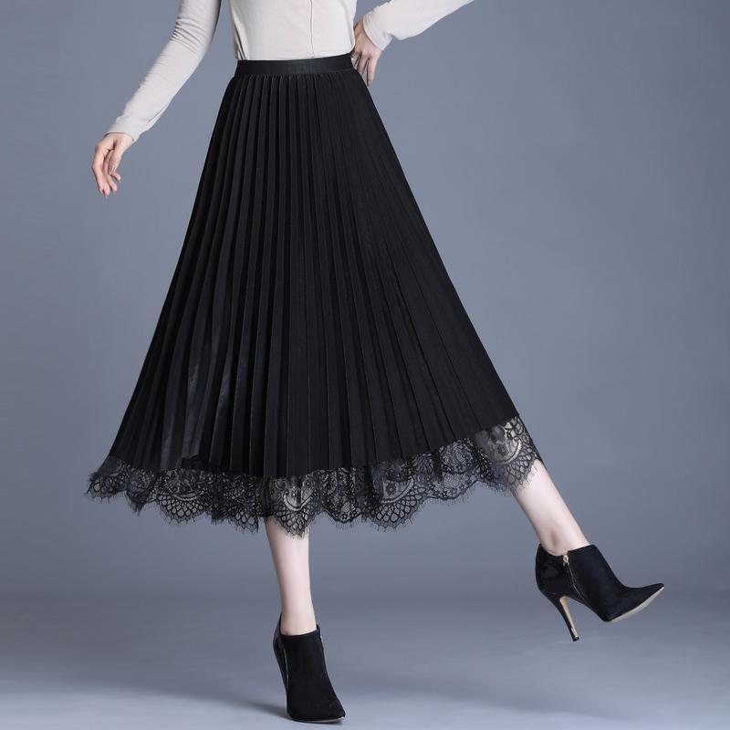 Wear on Both Sides Golden Velvet Yarn Printed Lace Skirt Woman's Mid-length Elastic Waist Pleated Skirt School Work Travel
