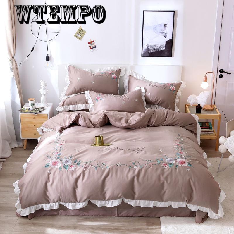 Cotton four-piece lotus leaf lace sheets comfortable cotton solid color home bedroom bedding set