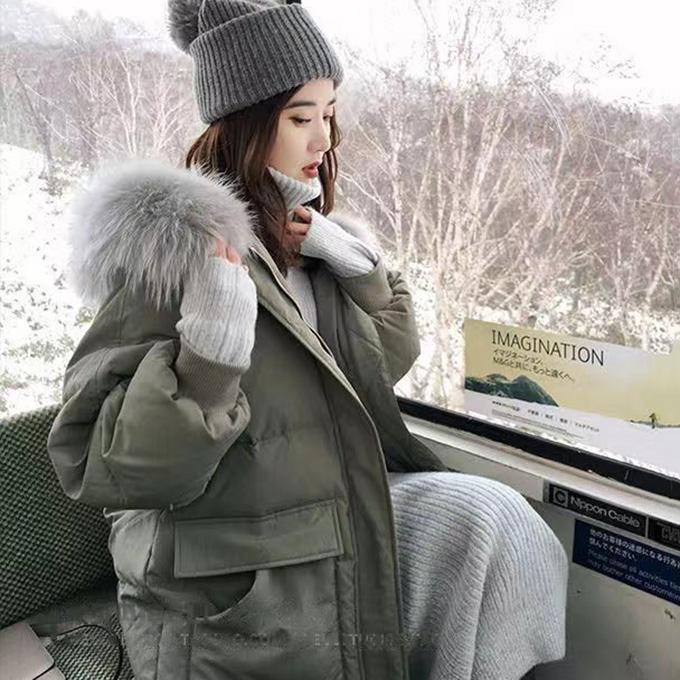 Winter Fluffy Big Fur Collar Hooded Down Jacket Women Mid-length Slim Over The Knee Thick Hooded Winter Warm Plus Fleece Jacket
