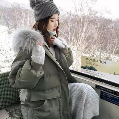 Winter Fluffy Big Fur Collar Hooded Down Jacket Women Mid-length Slim Over The Knee Thick Hooded Winter Warm Plus Fleece Jacket